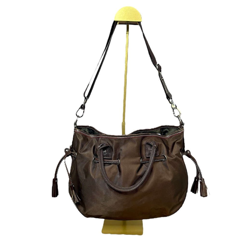 LANCEL PARIS 1876 handbag, nylon leather trim brown with shoulder strap - Picture 3 of 17